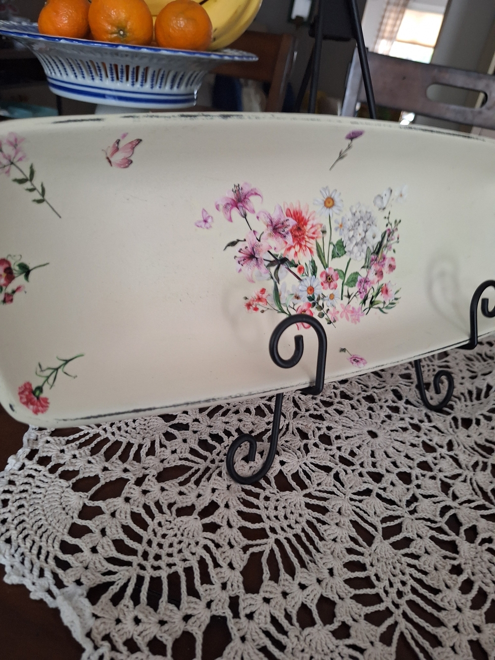 Floral Ceramic Serving Tray - Cream with Pink & Green Bouquet